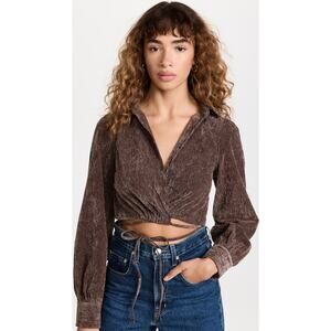 En Saison Route Wrap Brown Corduroy Wrap V-Neck Long Sleeve Crop Blouse Small